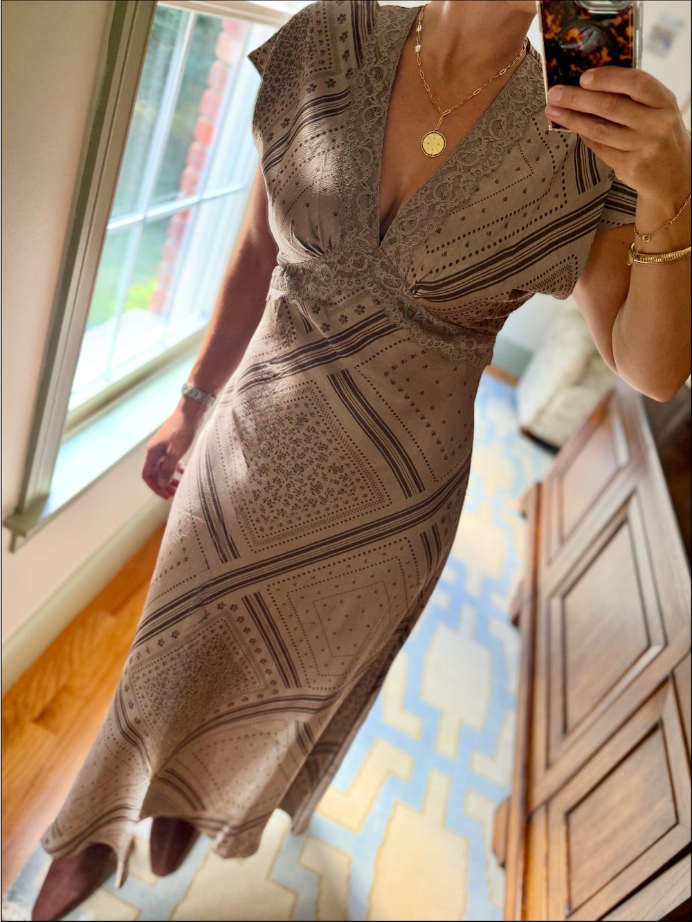 Splendid Taupe Printed V-Neck Maxi Dress
